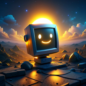 Small cartoonish computer smile on screen with glow of sunshine on background