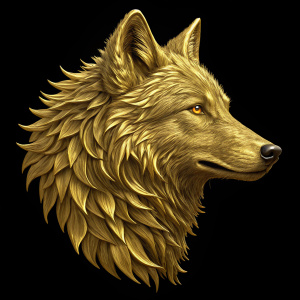 Digital artwork of a golden wolf head. Lush golden color, highly detailed. Lifelike texture. Black background.