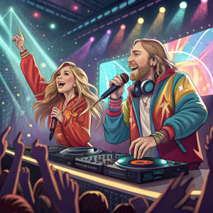 Becky Hill and David Guetta performing on stage. Bright stage lights and欢呼雀跃的观众。