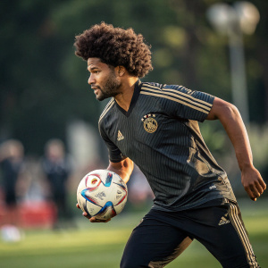 Serge Gnabry, intense look, curly hair, in a dynamic pose on the soccer field. Blurred audience background