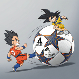 Digital art: Goku and Vegeta kick a Adidas x UEFA Champions League soccer ball. The ball has DBZ and Adidas logos. White soccer ball with neutral grey backdrop. Intense expressions.