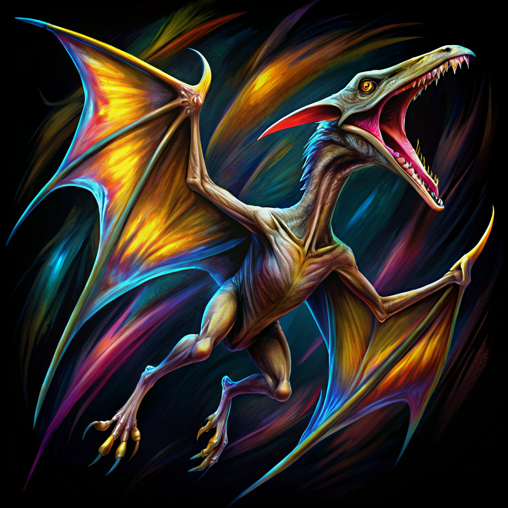 DMT art Style, full shot, Pterodactyl in a dynamic pose on a black background, bold gestural strokes, expressive facial animation, large brush strokes/free brushwork, gestural calligraphy, street underground illustration, hard focus, hard edges, high contrast, super detail, emotion of aggression , Black background