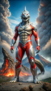 Ultraman has the face of a Komodo dragon. 
Ultraman has the face of a Komodo dragon. 
fullbody
Bigger than the place
 Ijen Volcano
 in m79
stand with legs apart