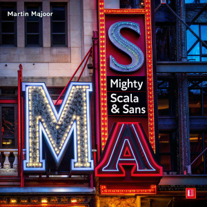 Martin Majoor's creation of the Scala font detailed in an ancient manuscript. The tome's pages showcase a contemporary design intertwining traditional and modern typography, highlighting the 'Mighty Scala & Sans' section in vivid red.