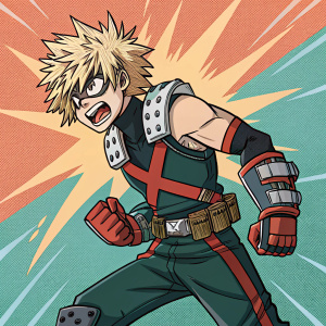 Katsuki Bakugo from My Hero Academia, with messy blonde hair, in a fierce stance. Hand-drawn comic style, bold lines, colorful background.