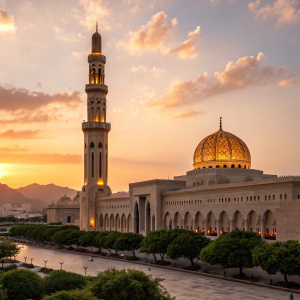 Sunset view of the grandiose Sultan Qaboos Grand Mosque, located in Muscat, Oman. Dusk brings a golden hue to the ornate minaret.