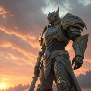 Imposing figure of Galio from League of Legends, armored in intricate gray and gold, standing against a vibrant sunset sky. Focus on detailed futuristic and fantasy design.