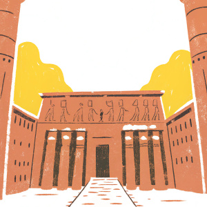 A 3D illustration of a grand ancient Egyptian temple. Featuring towering columns adorned with intricate hieroglyphics, detailed carvings, vibrant earthy tones, and symmetrical design.