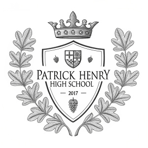 Vintage logo for Patrick Henry High School, 2017. Shield design with crown, oak leaves, and crest emblem. Text 'Patrick Henry High School 2017' underneath in serif font. Black and white illustration.