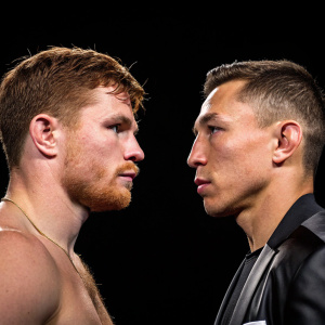 High-definition shot of Canelo Alvarez and Gennady Golovkin in a post-match interview. Black background with boxing ring in the distance.