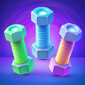 Three coloured bolts with nuts. centered. Vertical, Bold, Cartoon, Animated. Russian decorations.