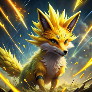 Bright Yellow furred fox with spikey fur and a spikey yellow mane with pin missiles raining down in a storm, in card art style