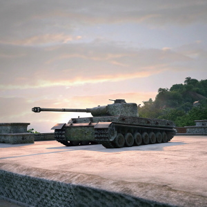 3D digital rendering of a WWII German Tiger tank. Weathered texture, detailed replica. Set against a backdrop of rugged terrain with stone structures and lush greenery. Shadows cast by the setting sun highlight the tank's features.