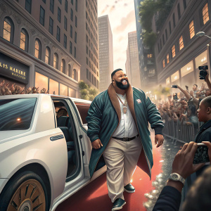 DJ Khaled, stepping out of a gleaming white limo on a crowded city street. Surrounded by fans and flashing cameras