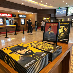 A display of Omerta movie posters in a cinema lobby. Posters are stacked on a wooden table, with the black and yellow design clearly visible.