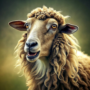 An aggressive sheep looks in profile