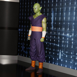 Piccolo, from Dragon Ball Z, in a 3D render. Emerald green skin, fierce expression. Wearing a purple outfit with orange accents and matching shoes. Standing against a digital backdrop.