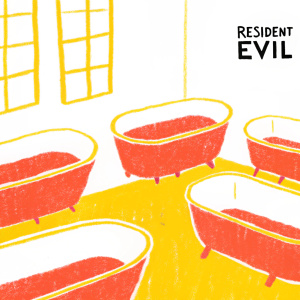 Concept art for Resident Evil 7. A dark and eerie room with various tub-like structures. The scene is illuminated by dim lights, casting long shadows. Resident Evil logo visible on one wall.
