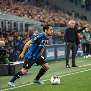 Photograph of Giacomo Bonaventura, wearing Atalanta BC's blue and black kit, intense expression, playing soccer. Crowded stadium with spectators. Elder fan with balding hair. Exciting match moment captured.