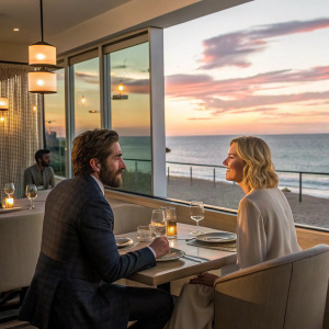 Jake Gyllenhaal and Kirsten Dunst dining at an upscale beachside restaurant. Sunset backdrop, relaxed atmosphere.