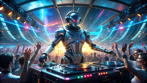 hyper realistic photo in cyberpunk style, close-up, nose, biorobot DJ, in headphones at the mixing console plays on the roof of a spaceship, crowd of people around dancing to techno music, hands raised up, disco lights blinking, spotlights, octane rendering, ray tracing, depth of field, super details, CG animation, highest quality, masterpiece, exquisite CGI, hyperrealism