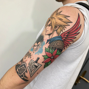 A detailed forearm tattoo showcasing elements from Final Fantasy VII. Various stages of the design, ranging from simple sketches to intricate artwork featuring the iconic FFXVII emblem. Bright and colorful, with a mix of traditional and modern tattoo styles.