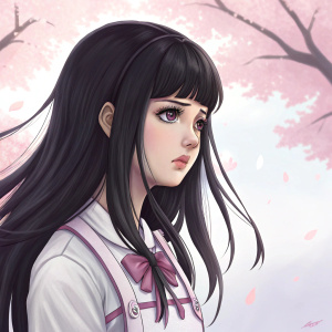 Mikan Tsumiki from Danganronpa, anime character. Long black hair, pink and white background, sad expression