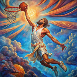Jesus dunking basketball
