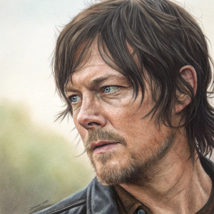 Realistic colored pencil drawing of Daryl Dixon from The Walking Dead. Depicting him in a close-up shot, emphasizing facial details and skin texture.