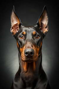 Studio portrait of a proud Doberman Pinscher, sleek black and tan coat, cropped ears, intense focus, photorealistic, studio backdrop