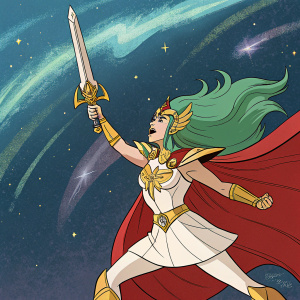 She-Ra, the fierce warrior princess, in a dynamic stance. Green hair cascading, holding a sword. Set against a cosmic nebula backdrop. Wearing a red and gold armor.