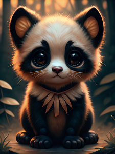 (wonderlust lomo Orton Effect:2.8), An imaginary animal with the head of a kitten, and the size of a kitten, but the body of a panda, and the black and white markings of a panda around the kitten's eyes and ears. A panda version of a kitten, basically. Looking at the camera, ready to pounce, big eyes. a cinematograph, grainy, beautifully lit, depth of field. photogral, nature photography, national geographic, award winning, natural lighting 