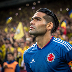Radamel Falcao, Colombian soccer star, intense gaze. Wearing blue jersey with sponsors' logos. Surrounded by fans at stadium.