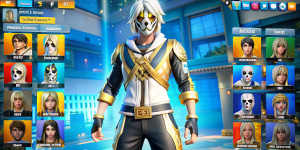 Imagen de free fire con el pelo blanco cara pintada de blanco ojos negro camisa elegante dorado con blanco y negro shorts azul medias blanca y zapatos blanco capucha negra