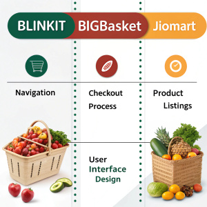 A detailed comparison chart featuring blinkit, bigbasket, and JioMart's UI/UX elements. Clearly defined categories for each platform.
