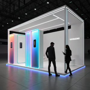 Minimalist booth design for Samsung Galaxy showcase. Bright neon lights, sleek and modern. Individuals in silhouette. Event setting