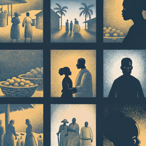 Grid of scenes from the film 'Adam The Eve'. Diverse characters in various settings. African attire, blending drama and daily life.