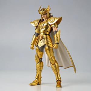 An action figure of Gold Libra Dohko from Saint Seiya. The detailed gold armor and intricate design are visible. Neutral gray backdrop