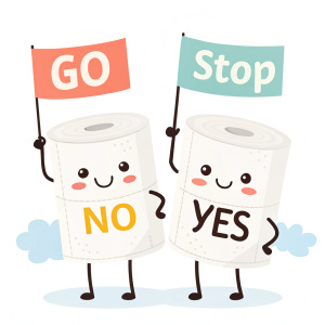 Vector illustration of cheerful, cartoon-like toilet paper rolls. Each roll has a friendly face and holds different signs that say 'Go', 'Stop', 'No', and 'Yes'. The scene is set against a plain background.