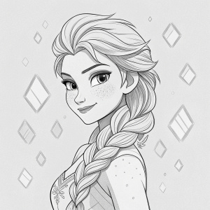 Elsa from Frozen, portrayed in a minimalist line-art style. She is depicted with intricate detailing of her face and confident posture. Her long braided hair is carefully illustrated. The sketch is done in black and white, with shading giving it depth. Against a light grey background, small square patterns float around her, adding an ethereal feel. The illustration reflects a blend of anime and manga aesthetics, showcasing a refined look.