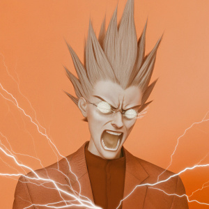 Leorio, a character of intense ferocity, his face twisted in a snarl, teeth bared, and stance unwavering. His wild, spiked hair contrasts sharply with his dark, tight-fitting attire. Jagged green lightning dances around him, setting the scene for his unwavering intensity.