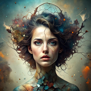 double exposure complex art by Alex Stoddard, Natalia Drepina and Brooke Shaden surreal postcard on a cracked paper, extremely dynamic, unusual