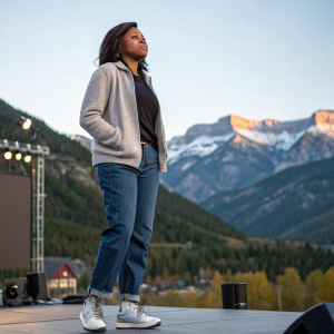 Taraji P. Henson at the Sundance Film Festival. Wearing casual attire. Standing alone on a stage with mountains in the background.