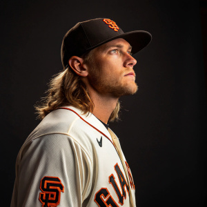 Shaun Anderson, baseball player, intense gaze. Wearing San Francisco Giants uniform. Dark studio background, spotlight