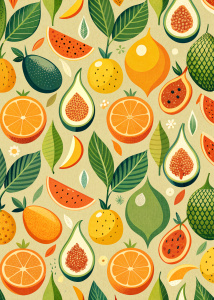 minimalist graphic pattern of fruits, using simple shapes, Modern Ukiyo-e style woodcut, maximise the negative space, vivid pastels