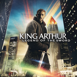 Modern cinematic poster for 'King Arthur: Legend of the Sword'. Charlie Hunnam as King Arthur. Vibrant color palette with electric blues and neon greens. Futuristic cityscape backdrop.