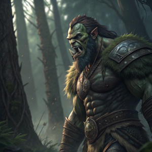 Angry orc warrior, large and muscular. Bearded face with sharp fangs. Dark forest background.