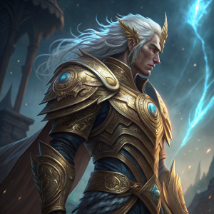 Digital art of Chronos from Smite. Detailed gold armor. Dramatic background with dark tones and blue highlights. Chronos has long white hair and a resolute expression.