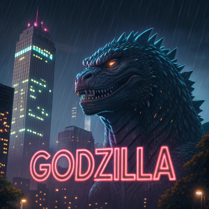 Digital art of Godzilla's face with the title 'Godzilla' in neon text. Dark cityscape background.