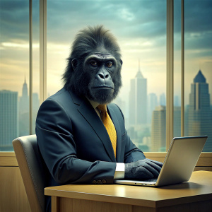 gorilla working on a laptop in an office